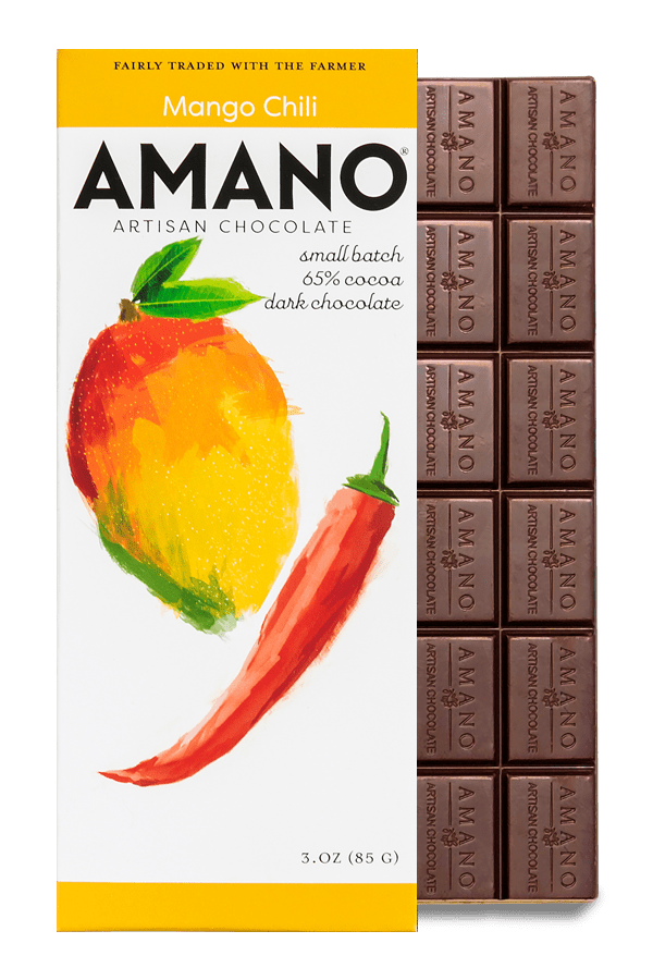 02 Mango Chili Single Origin Ecuadorian Dark Chocolate Secondary Image An Amano Artisan Chocolate bar alongside a vibrant red pepper, showcasing a unique flavor combination.