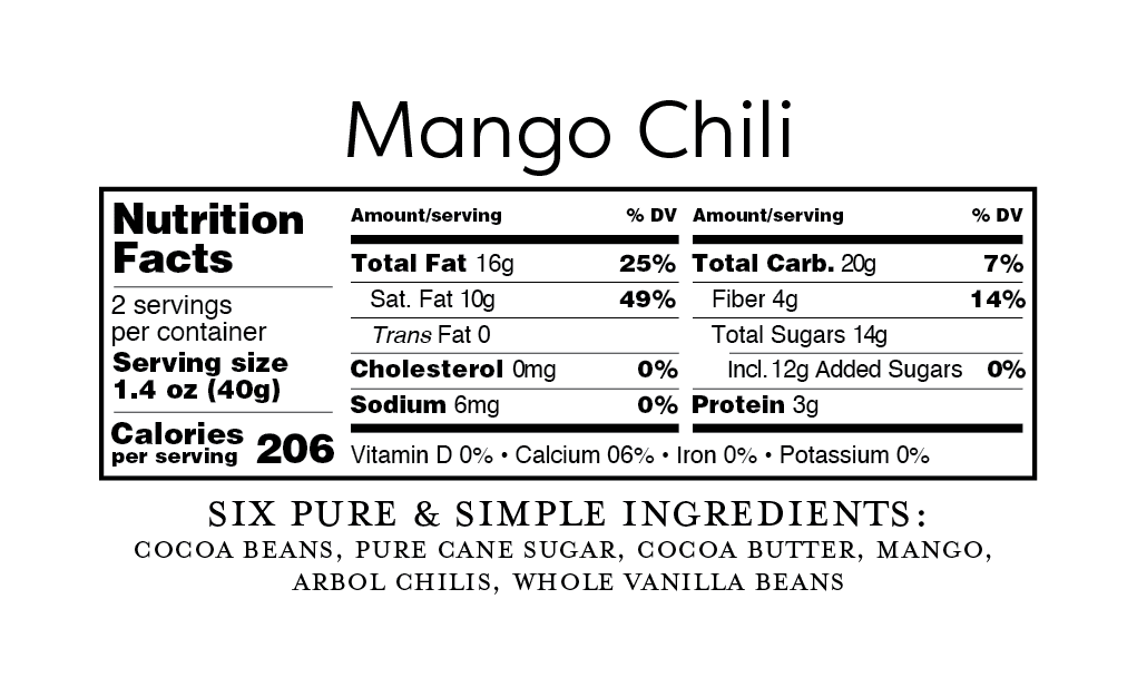 Amano_NF_FILES-11-MangoChili Alt text: "Mango Chili nutrition label with six ingredients: cocoa beans, cane sugar, cocoa butter, mango, arbol chilies, vanilla beans. Total calories: 206."