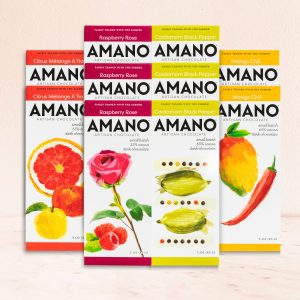 10 Flavored Amano Artisan Chocolate bars: 2 gourmet Citrus chocolate bars; 2 Mango Chili gourmet chocolate bars; 3 raspberry and rose flavored chocolate bars; and 3 cardamom and black pepper gourmet chocolate bars