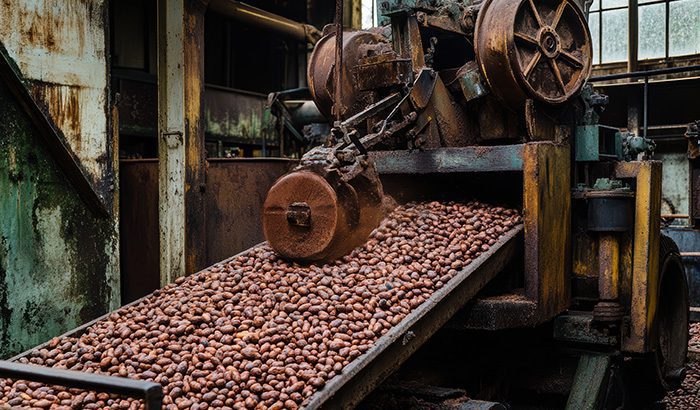 Cocoa beans on a conveyor belt in an old industrial machine.