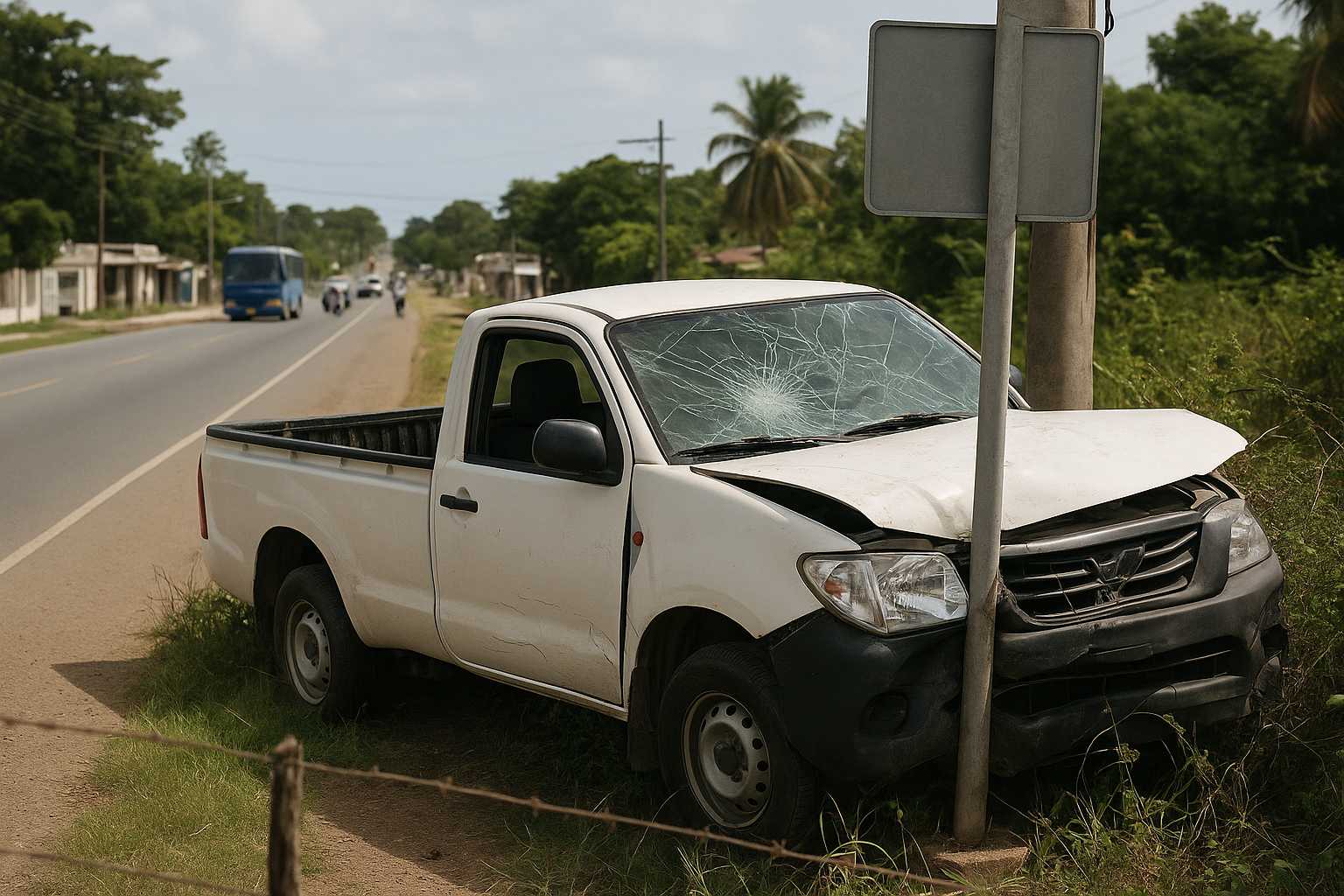 A crashed white pickup truck against a pole on a rural road.