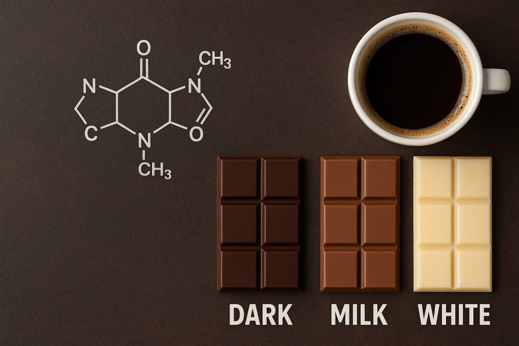 A diagram of caffeine with coffee and dark, milk, and white chocolate bars.