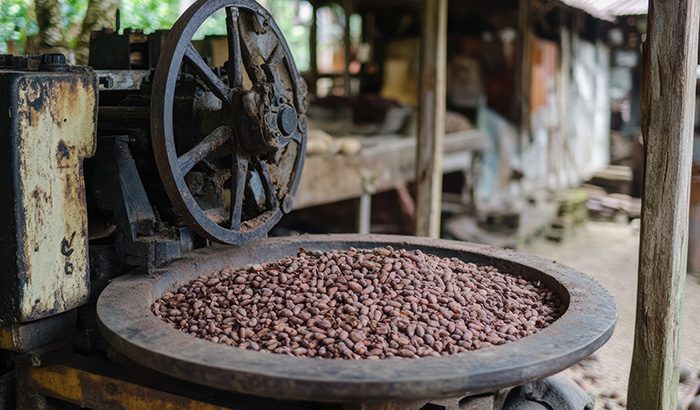 A pile of cocoa beans in a bowl next to an old grinding machine.