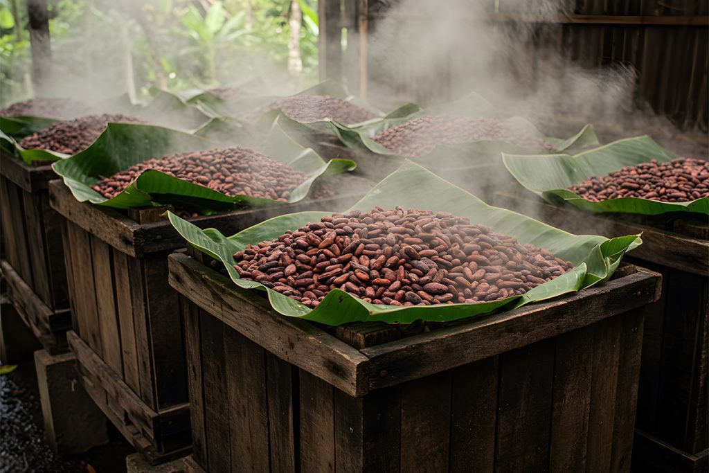 Cocoa beans fermenting in wooden boxes lined with green banana leaves, with steam rising in a lush, tropical environment.