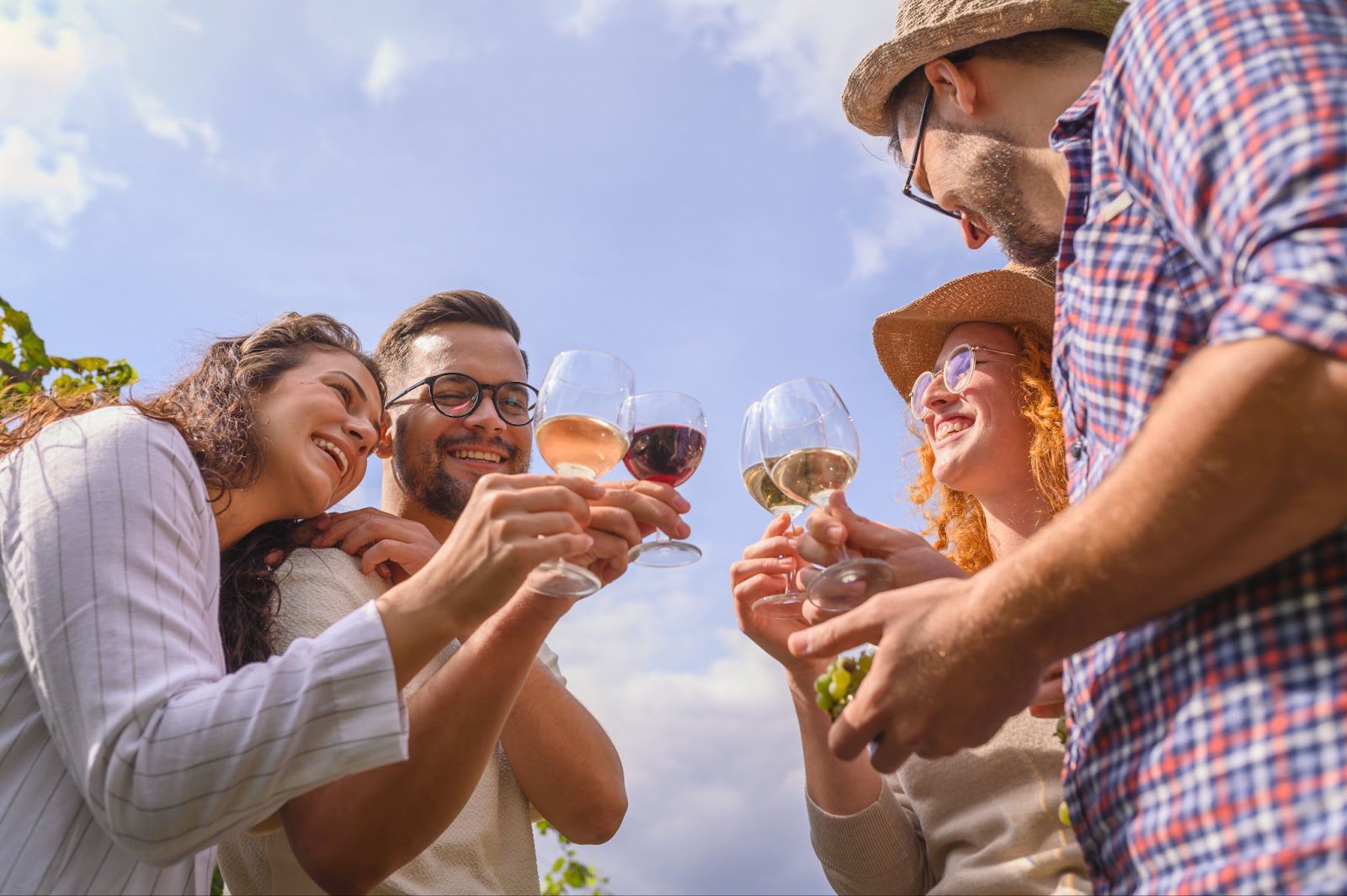Friends toasting wine glasses outdoors under a blue sky.