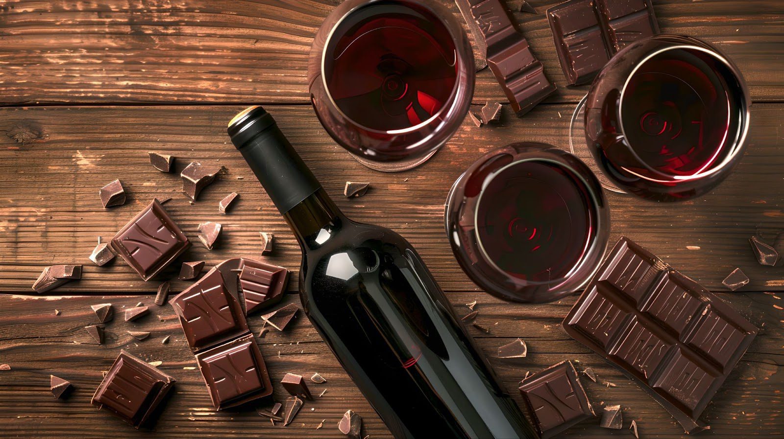 Red wine, glasses and chocolate pieces on a wooden table.