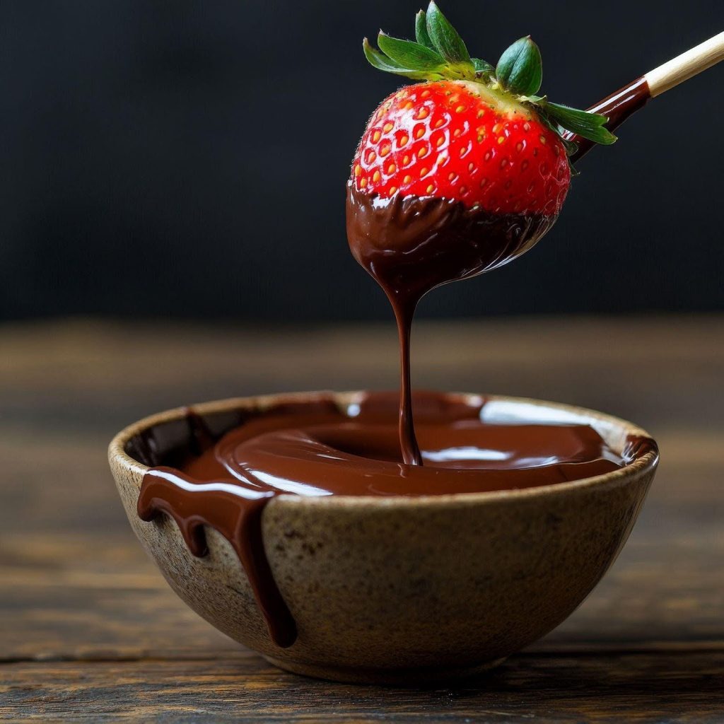 A fresh strawberry being dipped in melted chocolate on a rustic wooden table