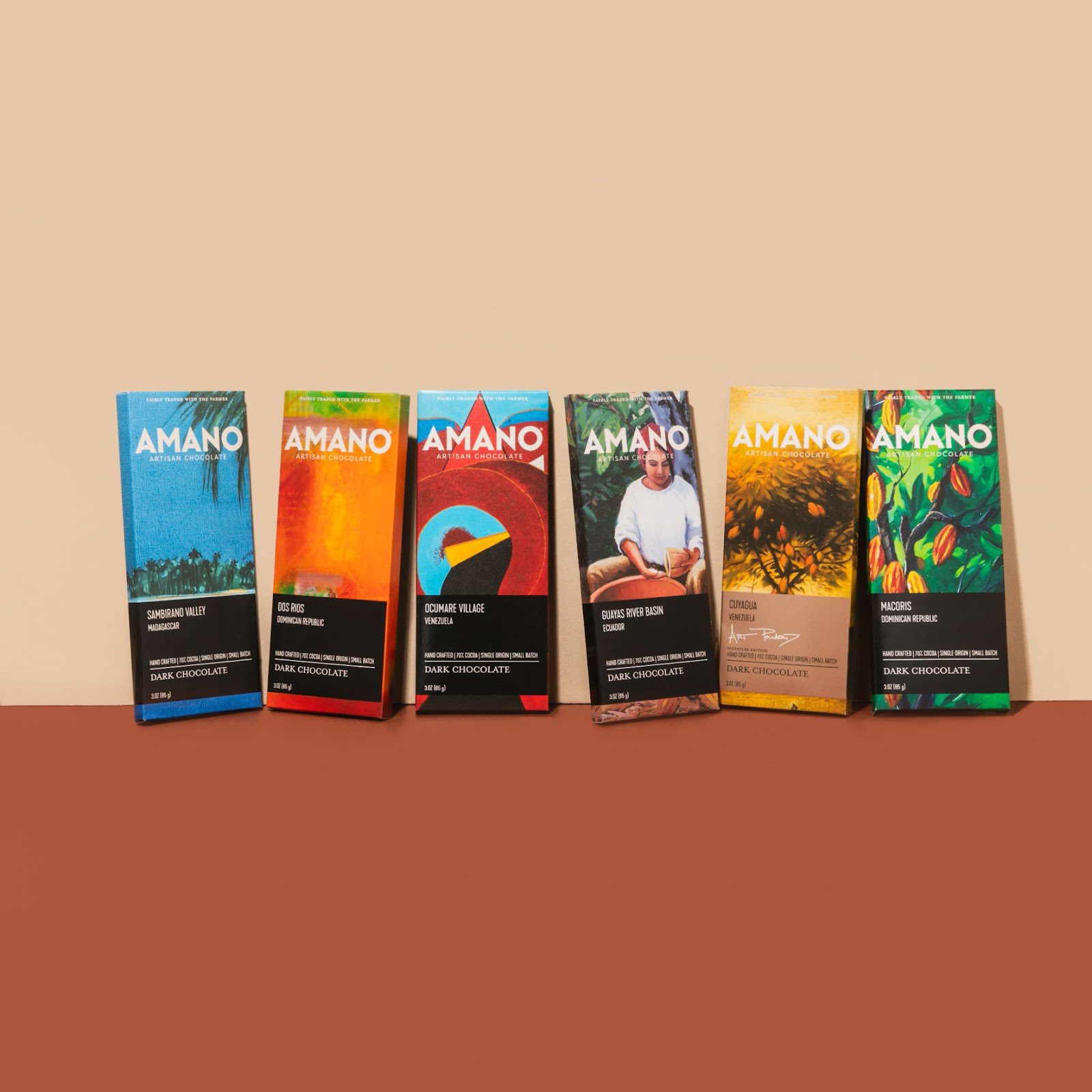 Packaging design for Amano Coffee Bar featuring elegant branding and earthy colors.