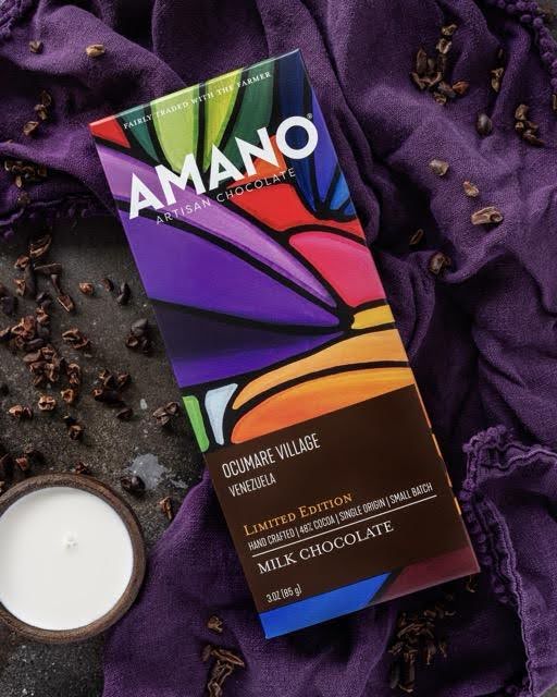 Organic dark chocolate bar by Amano featuring rich cocoa packaging with elegant design and branding