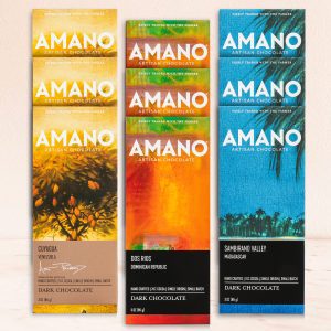 Nine Single Origin Chocolate Bars. Amano Gourmet Dark Chocolate with Cocoa beans from Dominican Republic, Venezuela & Madagascar